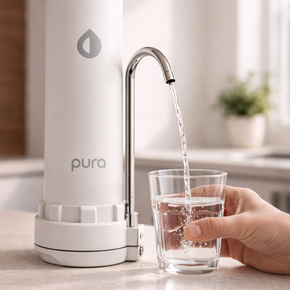 Vaso de agua con mano usando PURA Pacífico+
